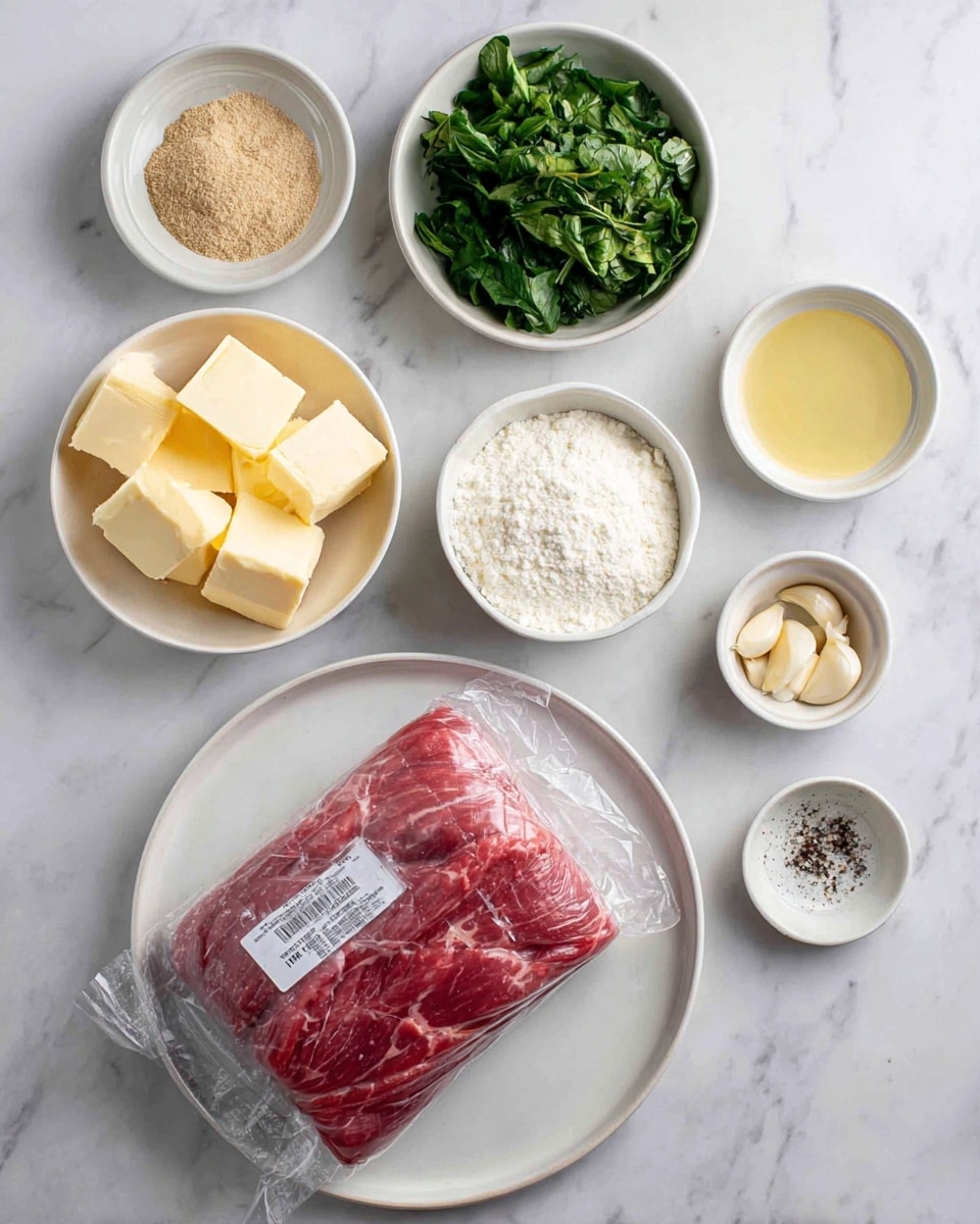 The image shows several small bowls arranged on a white marbled surface with a large white plate at the bottom center. On the white plate, there is a sealed plastic pack of raw beef tenderloin with a label. Above the plate, there are five small bowls: one contains a light brown dry mix, another has fresh green leafy herbs, a third has yellow butter cubes, the fourth holds white flour, and the fifth contains a light yellow liquid. To the right side, there are two more small white bowls: one with a brown sauce and another with whole peeled garlic cloves. At the bottom right, there is a small white bowl with salt and black pepper. photo taken with an iphone --ar 4:5 --v 7