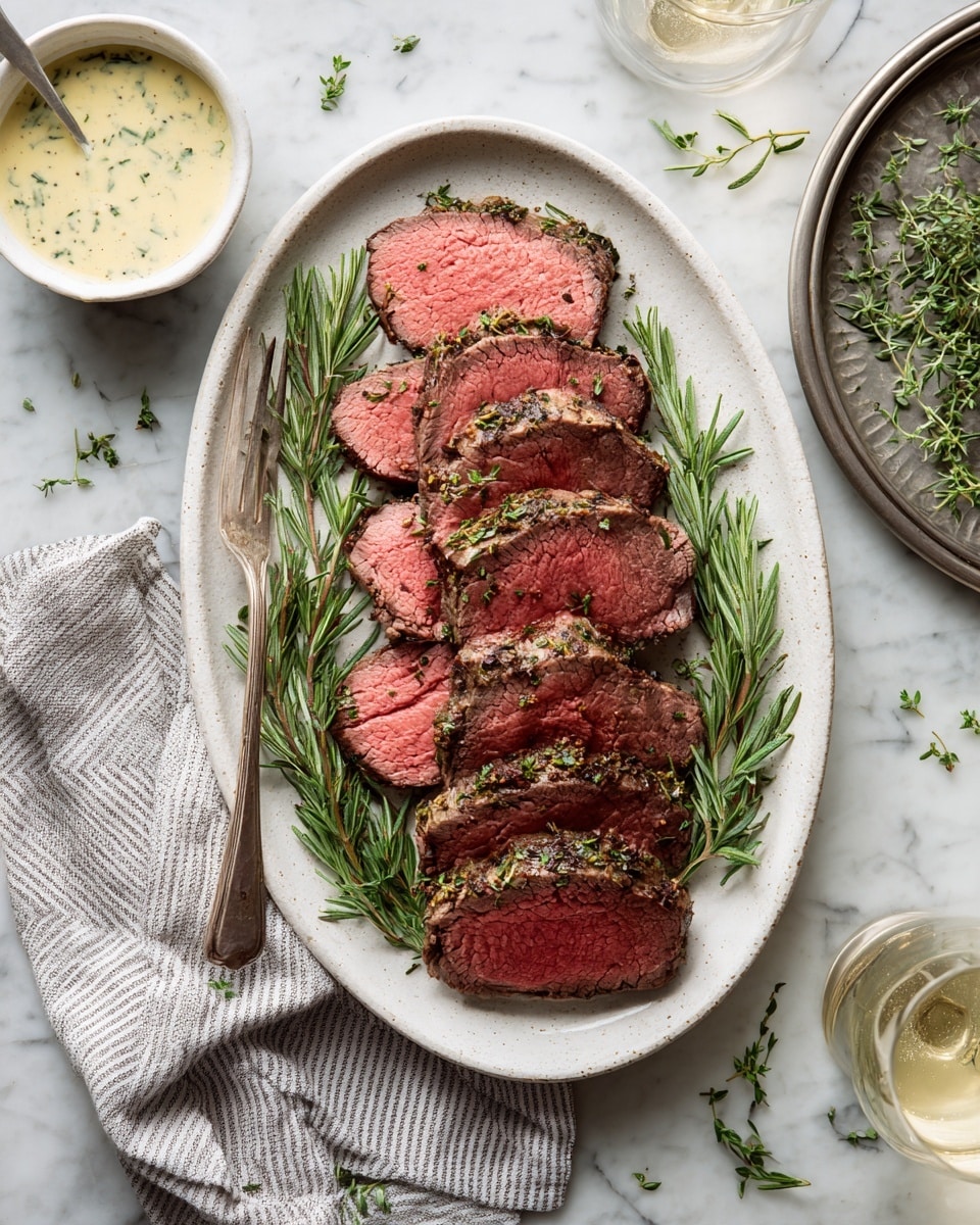 A white speckled oval plate holds about ten slices of medium-rare roast beef, arranged slightly overlapping in two rows, showing a warm pink center and a dark brown crust with herbs on the edges. Sprigs of fresh rosemary lie both under and around the beef slices, adding green accents. To the left of the plate, a silver fork rests partially on the edge of the plate and on a gray and white striped cloth napkin. Above the plate, a small white bowl filled with a creamy herb sauce containing visible green flecks sits with a spoon inside. To the right, a round metallic tray with green herbs is partially visible, and a glass of white wine stands in the bottom right corner. The whole scene is set on a white marbled surface with scattered rosemary leaves, natural light, photo taken with an iphone --ar 4:5 --v 7