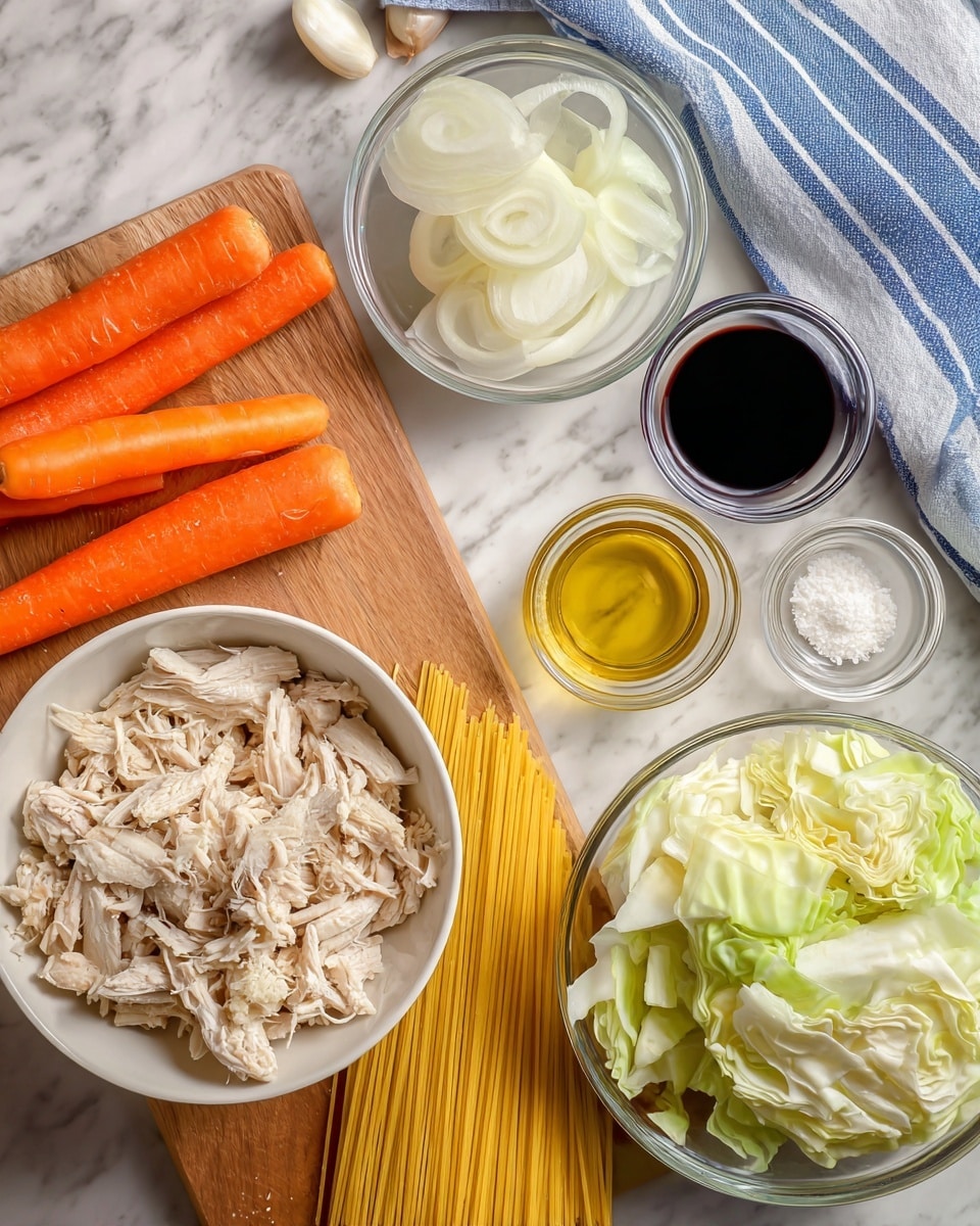 A top view of ingredients arranged on a white marbled surface, including a white bowl filled with shredded cooked chicken pieces placed on a wooden board, bright orange whole carrots on the left side, a small glass bowl of thinly sliced white onion above the chicken, a bundle of uncooked yellow spaghetti to the right of the wooden board, and another glass bowl positioned lower right filled with thinly sliced pale green cabbage. In addition, there are small clear containers holding a dark soy sauce, a light golden oil, and a white granular ingredient near the front of the setup. A striped blue and white cloth is partially visible in the upper left corner of the scene photo taken with an iphone --ar 4:5 --v 7