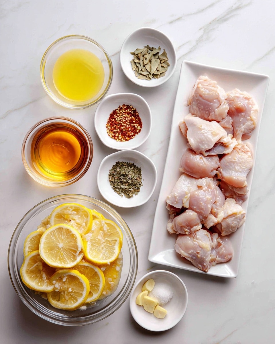 The image shows several ingredients for a recipe arranged neatly on a white marbled surface. On the right side, there is a rectangular white plate holding six raw pieces of chicken thighs. Next to it, a small glass bowl contains a yellow liquid, likely juice, with a small amber liquid in a smaller glass bowl beside it. In the center, a white bowl holds sliced lemons showing bright yellow color stacked evenly. Below that, a larger glass bowl contains marinated chicken with visible lemon slices and seasoning in a light yellowish liquid. Around these main items, there are several small white dishes with spices—one with red pepper flakes, one with coarse salt, one with green dried leaves, one with a pale yellow powder, and another with ground pepper. A small glass bowl at the top center holds minced garlic. The whole setup is clean, organized, and ready for cooking. Photo taken with an iphone --ar 4:5 --v 7