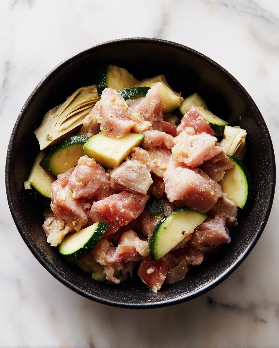 A black bowl filled with several layers of raw seasoned meat pieces on top, showing a pale pink color with a slightly rough texture, mixed with slices of light green zucchini that have a smooth and shiny surface, and beige artichoke slices that look soft and slightly curved, all mixed together in a rustic way. The bowl sits on a white marbled surface. Photo taken with an iphone --ar 4:5 --v 7