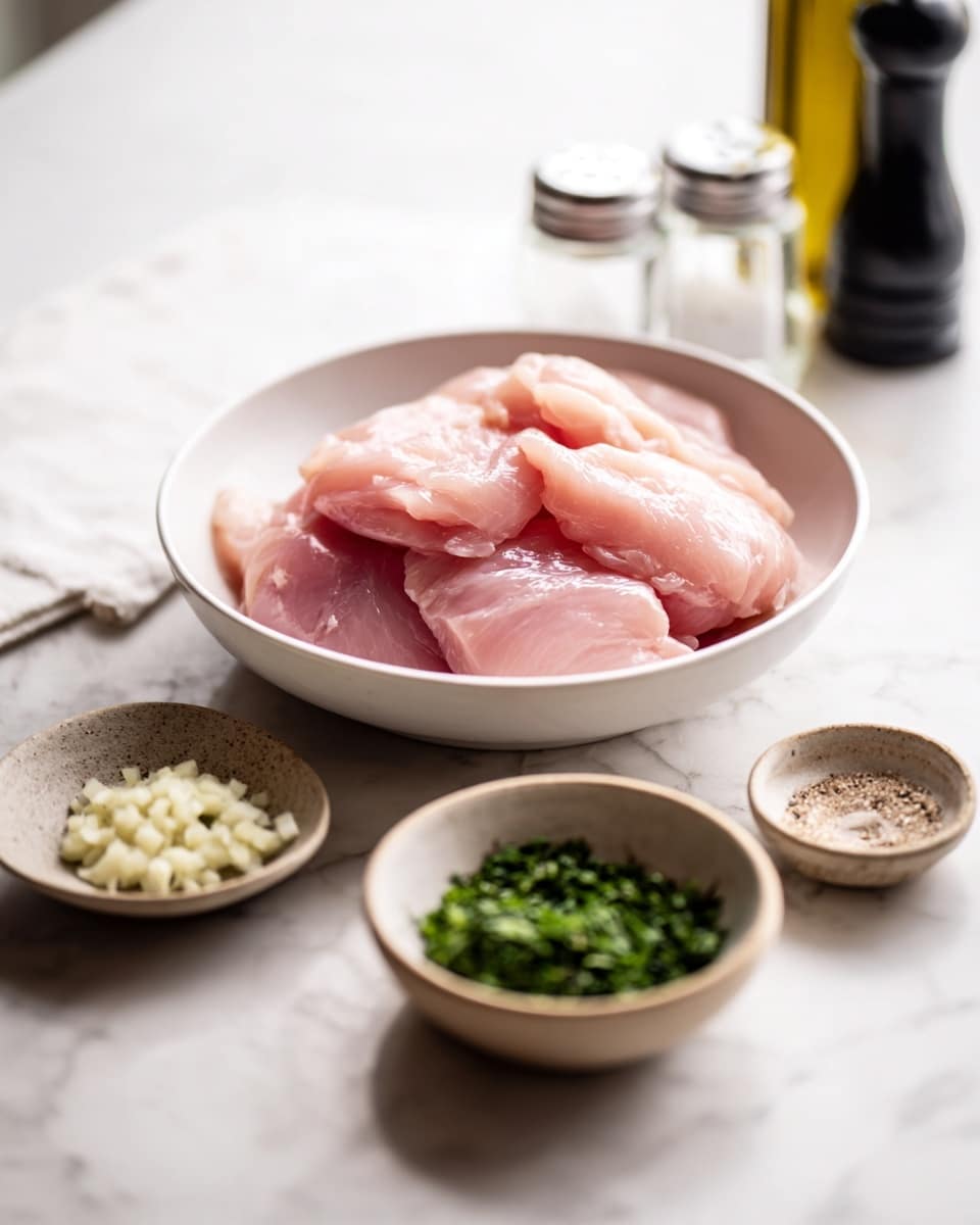 A white bowl holds four large pieces of raw pink chicken meat stacked gently. Surrounding the bowl on a white marbled surface are three small beige bowls: one with minced garlic, one with chopped green herbs, and one with a light brown powder, likely seasoning. Beside these bowls are two small clear glass shakers with white tops for salt and pepper, and a dark bottle with a black top, probably holding oil or vinegar. The overall setting is clean and bright with soft natural light, perfect for cooking preparation. photo taken with an iphone --ar 4:5 --v 7
