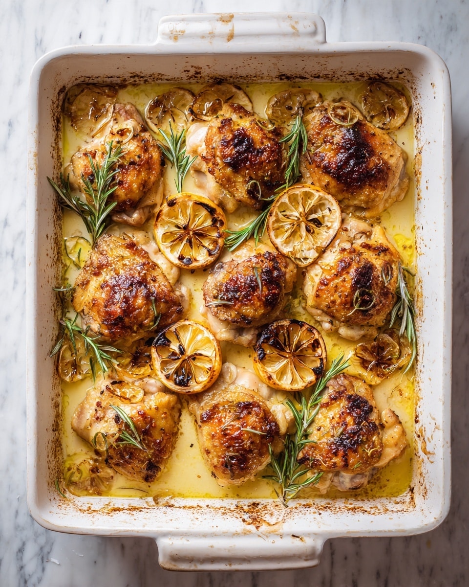 A white baking dish filled with nine golden-brown roasted chicken thighs arranged in three rows. The chicken pieces have a crispy skin with some dark brown spots and are surrounded by a light yellow sauce. Scattered in between are charred lemon slices with brown edges and green rosemary sprigs adding contrast. The dish sits on a white marbled surface, and the edges of the baking dish show some baked-on sauce stains. photo taken with an iphone --ar 4:5 --v 7