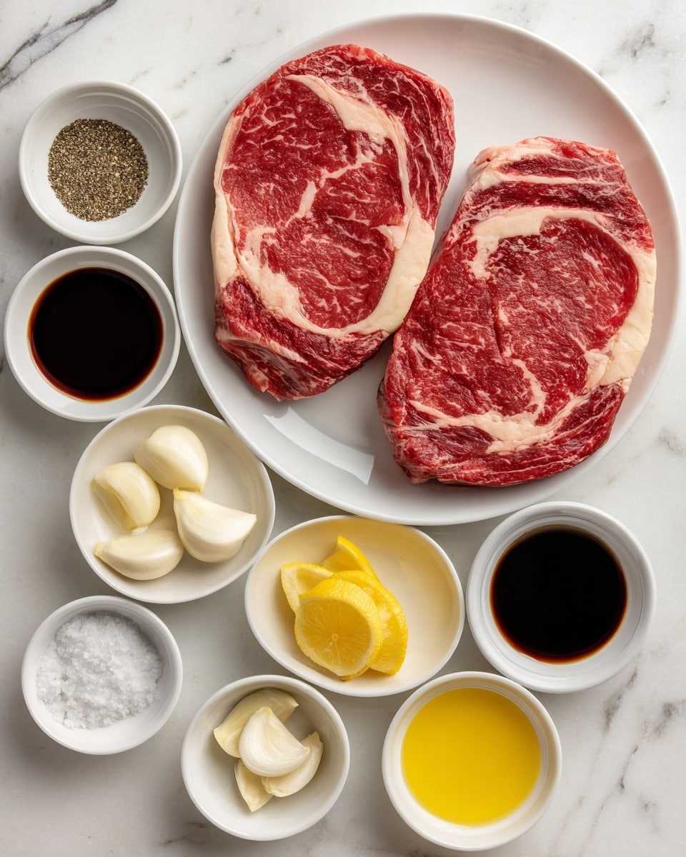 The image shows two raw ribeye steaks with red and white marbling placed on a white plate at the center. Around the plate, there are five small white bowls with different ingredients: top left holds thick dark brown soy sauce, middle left has ground black pepper, bottom left contains sea salt, bottom middle displays several peeled white garlic cloves, top right has light yellow lemon juice, middle right contains bright yellow olive oil, and bottom right holds dark brown balsamic vinegar. All items are set neatly on a white marbled surface. Photo taken with an iphone --ar 4:5 --v 7