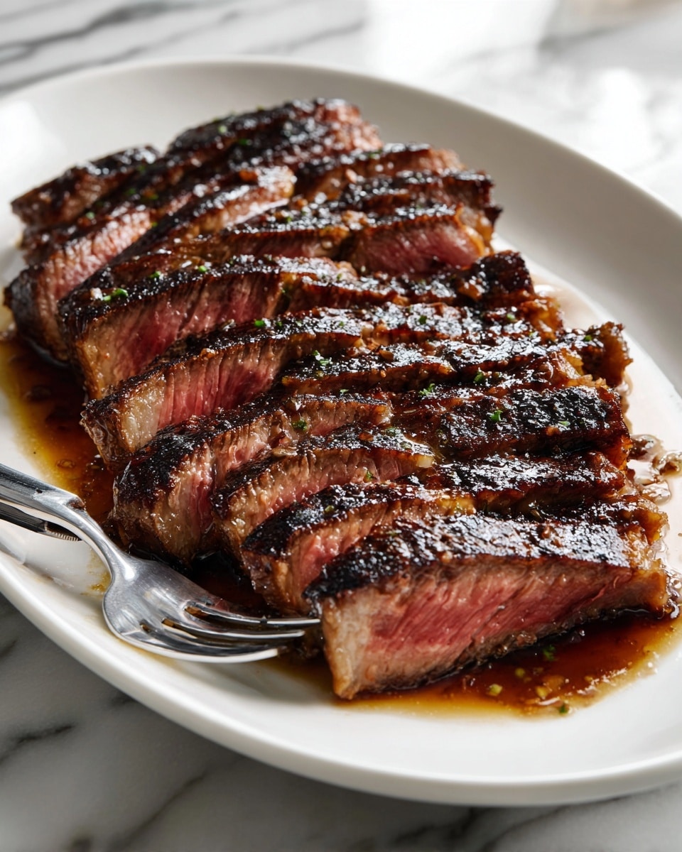 A white oval plate holds a stack of sliced steak arranged in several layers, showing a mix of dark charred edges and medium-pink centers. The steak slices are placed closely together, creating a layered effect with some juices pooling around the base of the meat on the white marbled surface beneath the plate. A silver fork rests at the bottom left edge of the plate, partially touching the steak, adding a touch of shine to the scene. photo taken with an iphone --ar 4:5 --v 7