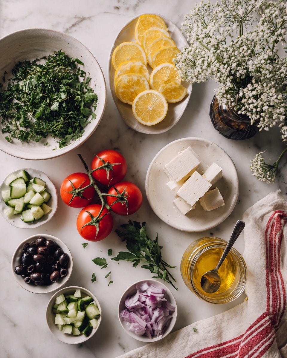 A white marbled surface holds many small white bowls and fresh ingredients. At the top left, a large white bowl with green herbs fills it. To the right, thin yellow lemon slices lie in a neat row. Below the lemons, bright red tomatoes are on the vine, and a block of white cheese sits on a small white plate. Scattered around are sprigs of green herbs. Small white bowls contain black and sliced black olives, cubed green cucumbers, and purple onion pieces. A glass jar with a spoon inside holds a yellowish sauce or dressing. A white cloth with red stripes lies on the right side, and a bunch of tiny white flowers in a dark vase sits near the top right. photo taken with an iphone --ar 4:5 --v 7