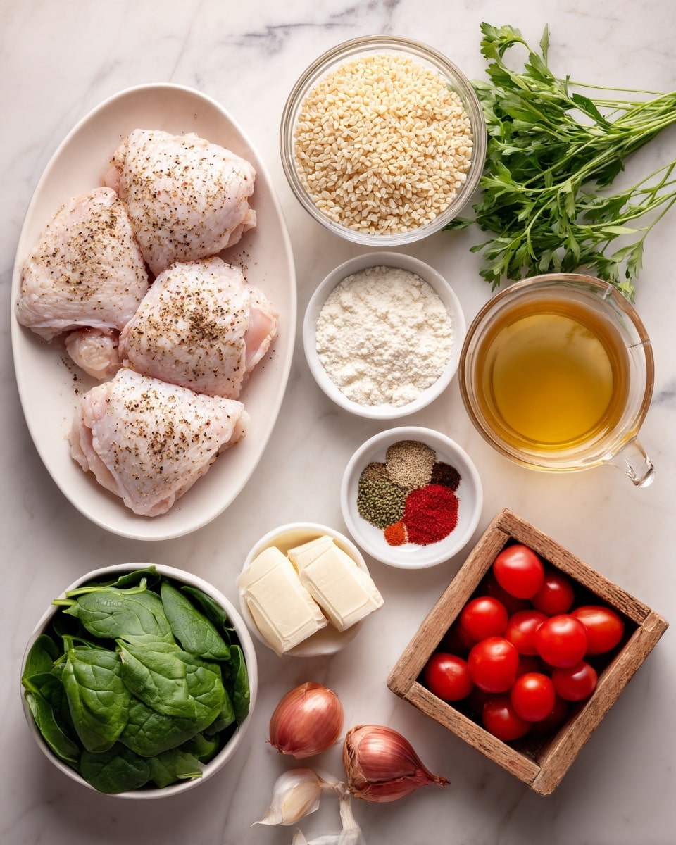 The image shows various fresh ingredients on a white marbled surface. On the left, there is a white oval plate with raw chicken thighs sprinkled with black pepper. Above it, a small glass bowl filled with dry orzo pasta sits next to a bunch of fresh parsley. To the right, there is a clear measuring cup filled with golden chicken broth. Below the broth, a small white dish holds a few rolls of butter. Next to it, a small glass bowl of crumbly white cheese is placed near a wooden box filled with bright red cherry tomatoes. In the middle, a small glass bowl holds mixed dried spices, including red, green, and brown powders. Below the spices, two peeled shallots rest next to a bowl full of fresh green spinach leaves. A few cloves of garlic and a small bowl of white flour complete the arrangement. photo taken with an iphone --ar 4:5 --v 7