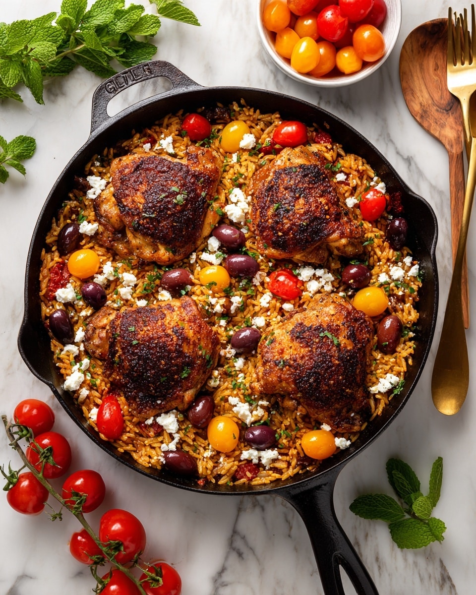 In a black cast iron pan, there are four dark brown cooked chicken thighs with a crispy texture, placed on top of a bed of seasoned yellow rice mixed with small pieces of green and black olives, and halved red, yellow, and orange cherry tomatoes scattered evenly around. Crumbled white cheese is sprinkled over the chicken and rice, adding contrast. Around the pan, there are small red cherry tomatoes on the vine, a wooden spoon, and a gold-colored fork resting on a white marbled surface. A small white bowl with red and orange cherry tomatoes and a sprig of green mint is nearby. Photo taken with an iphone --ar 4:5 --v 7
