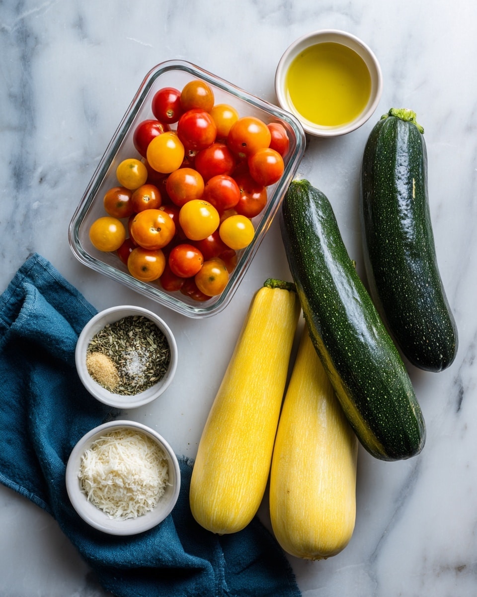 The image shows fresh vegetables and cooking ingredients arranged on a white marbled surface. On the right side, there are two long dark green zucchinis placed on top of two lighter yellow squashes, all having smooth skins. To the left, there is a clear rectangular container filled with small round orange and cherry red tomatoes. Below the container, there are three small white bowls in a line: the first bowl contains a mix of dry herbs and some grated light-colored cheese, the second bowl is filled with finely grated white cheese, and the third has a small amount of golden olive oil. A dark blue cloth is partially visible on the far left side of the image. Photo taken with an iphone --ar 4:5 --v 7