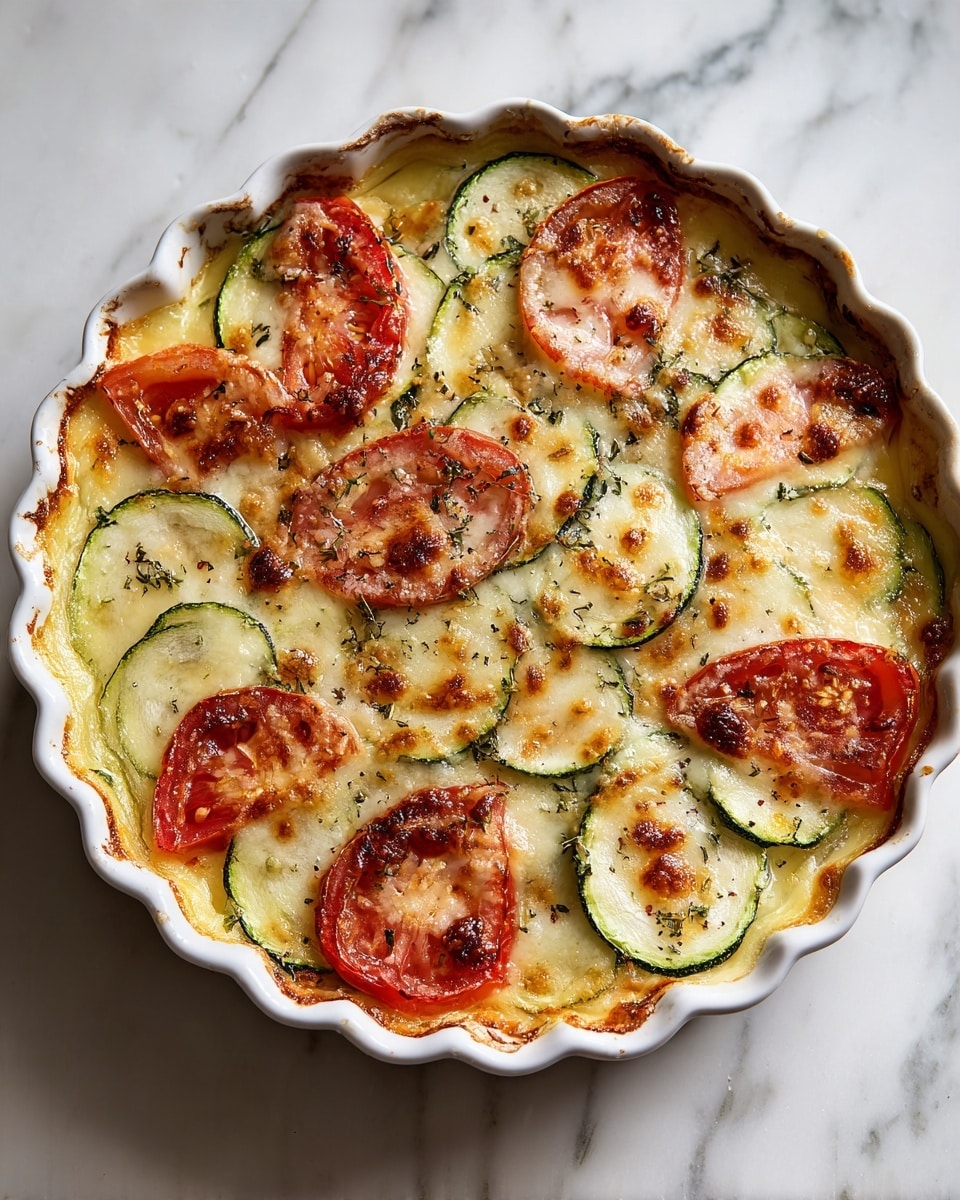 This dish is layered in a white round ceramic baking dish with a scalloped edge. The bottom layer shows thin round slices of pale green zucchini, slightly soft and shiny. Above, there are slices of tomatoes in bright red with a juicy texture, arranged to cover the whole surface. On top of the tomatoes, there is melted light yellow cheese spread unevenly, with small brown bits sprinkled over it, which adds a textured look. The whole dish sits on a white marbled surface. Photo taken with an iphone --ar 4:5 --v 7