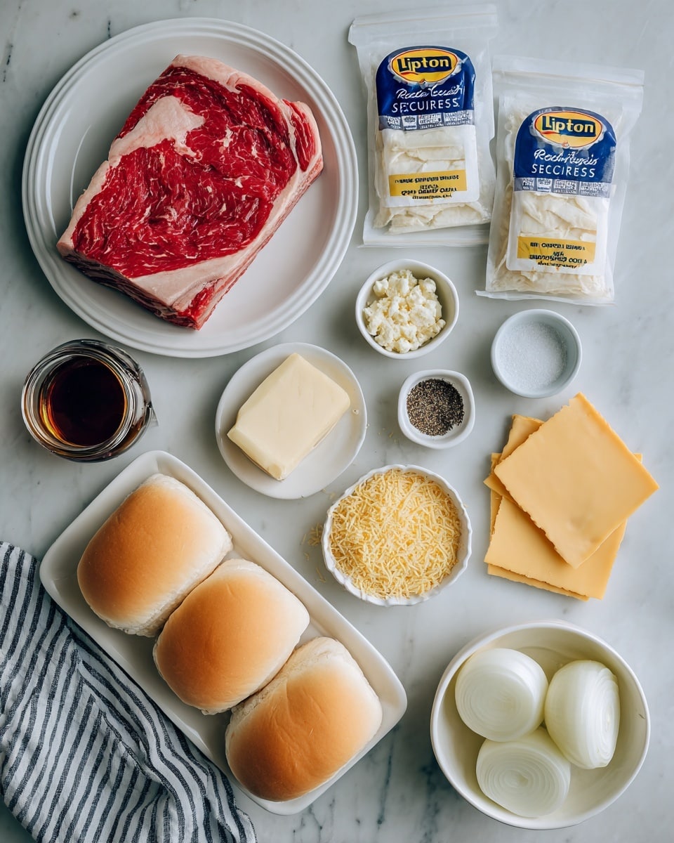 The image shows ingredients neatly placed on a white marbled surface. In the center left, a white plate holds a large, raw piece of red meat with a fat layer on one side. Below the plate are three plain sandwich rolls aligned side by side. To the right of the meat are several round, pale yellow cheese slices arranged in a slightly overlapping stack. Above the cheese, there is a small white bowl filled with light golden breadcrumbs. Above the breadcrumbs are two white packets labeled