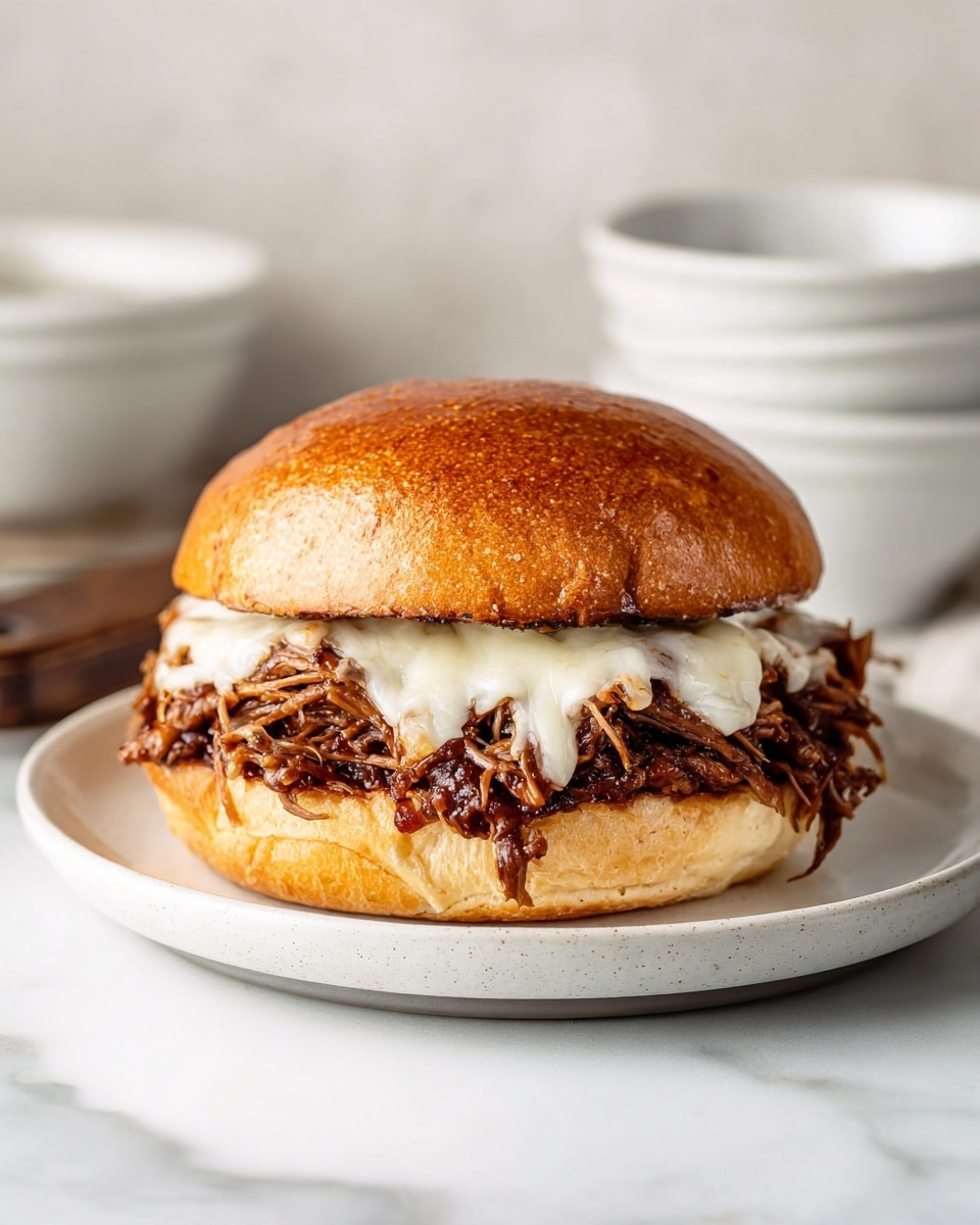 This image shows a sandwich placed on a white plate on a white marbled surface. The sandwich has a shiny, golden-brown toasted bread on top and bottom. Inside the sandwich, there is a thick layer of shredded dark brown meat, topped with melted white cheese that is slightly stringy and covers the meat evenly. The sandwich looks warm and fresh. In the background, there is a blurry glimpse of white bowls. The overall lighting is bright and natural. Photo taken with an iphone --ar 4:5 --v 7