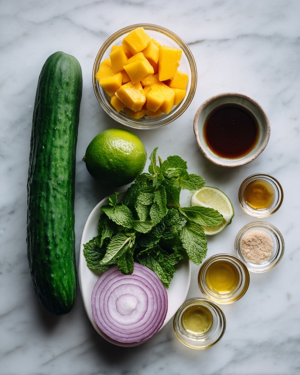 A whole long dark green cucumber lies horizontally on a white marbled surface on the left side, next to a small clear glass bowl filled with bright orange mango cubes. Above these, there is a whole green lime placed in the center. To the right of the lime, a small clear glass bowl contains dark brown liquid. Below these, a white plate holds fresh green cilantro leaves on the left, bright green mint leaves on the right, and a half purple onion with white rings in front. Around the plate are three small clear glass bowls filled with light golden, pale yellow, and amber liquids and a tiny brown bowl holding light beige powder, all placed on the white marbled surface. photo taken with an iphone --ar 4:5 --v 7
