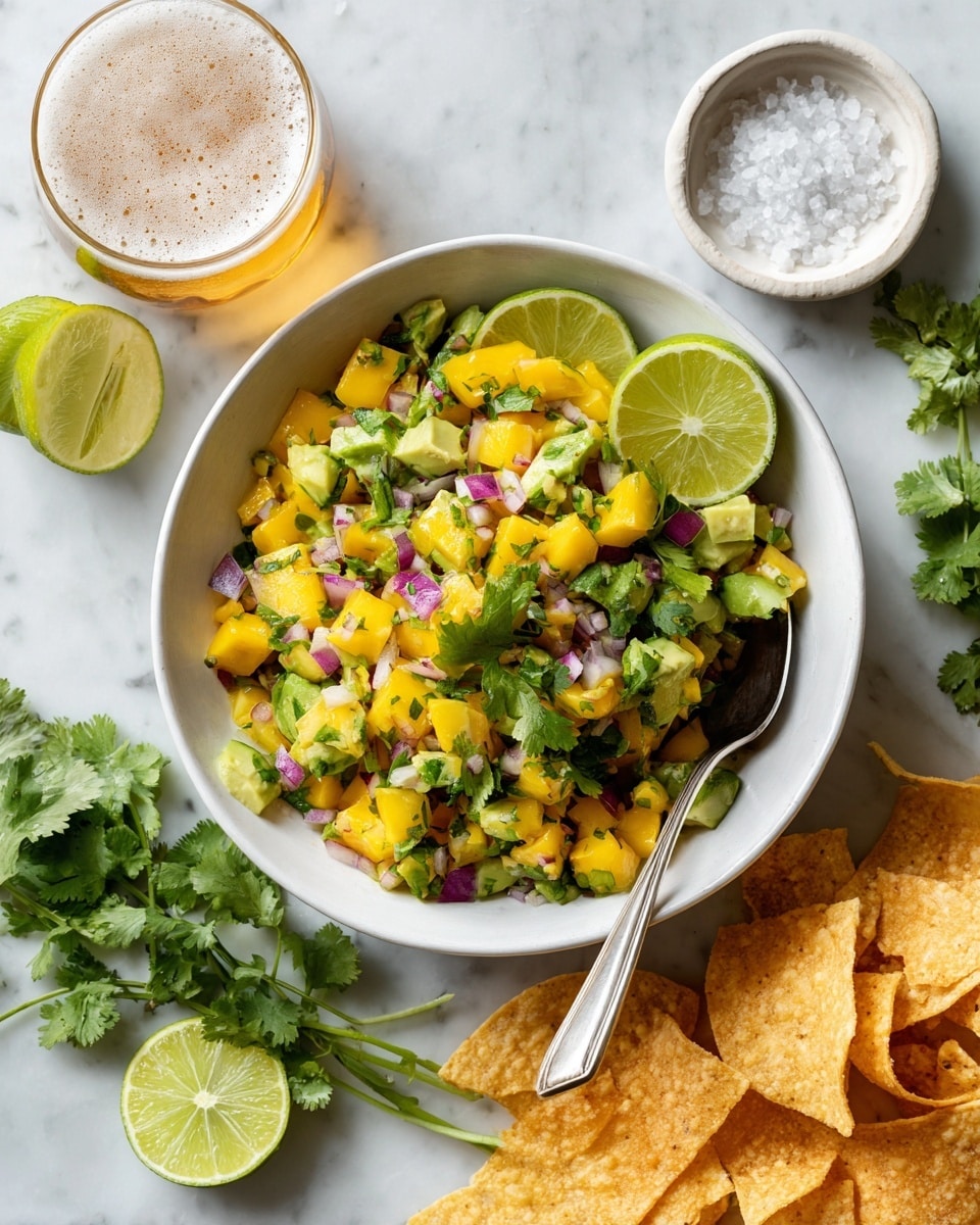 A white bowl filled with a colorful mix of small diced yellow mangoes, green avocado, and purple onion, topped with fresh green cilantro leaves and two lime wedges on the side. The bowl is placed on a white marbled surface surrounded by golden crispy chips, a glass of light beer, a white small bowl with coarse salt, and sprigs of cilantro. There is a silver spoon resting inside the bowl. photo taken with an iphone --ar 4:5 --v 7