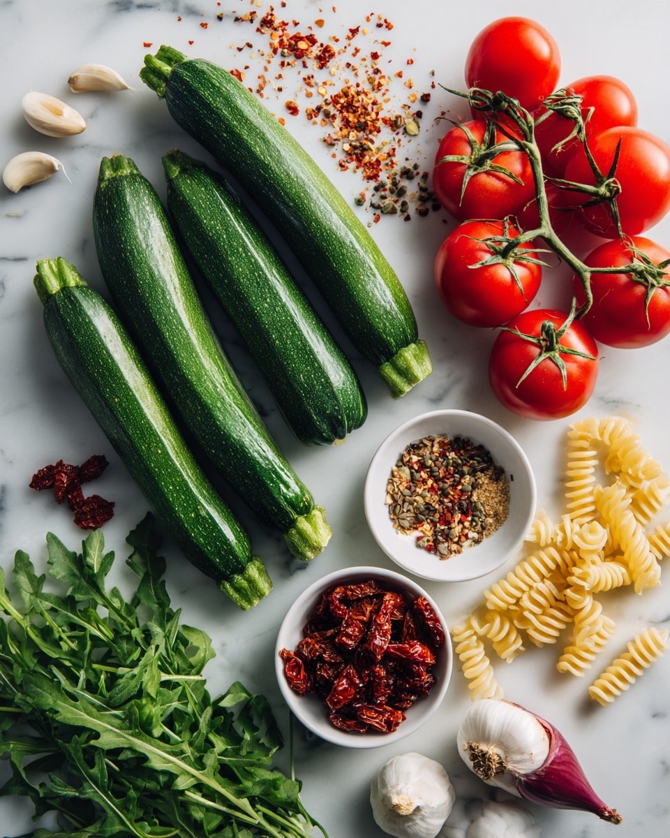 The image shows a top view of fresh cooking ingredients laid out on a white marbled surface. There are two long, green zucchinis with smooth skin placed side by side on the left. Next to them, on the right, is a cluster of bright red cherry tomatoes still on their vine. Below the zucchinis and tomatoes, there are small white bowls: one filled with a mix of spices including red chili flakes and seeds, and another filled with dark red sun-dried tomatoes. Around the bowls, there are other ingredients scattered including a bunch of fresh dark green arugula with jagged leaves, a small pile of pale yellow spiral pasta, several whole white garlic cloves, and a whole purple shallot with its skin on. The entire layout appears clean and colorful against the white marbled backdrop, showing natural textures and freshness photo taken with an iphone --ar 4:5 --v 7