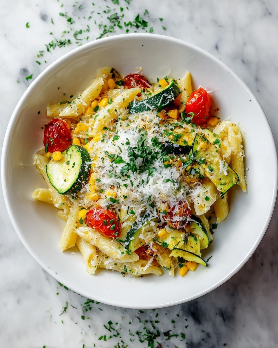The image shows a white bowl filled with pasta salad. The base layer is yellow penne pasta. On top of the pasta are slices of green zucchini, bright red cherry tomato halves, and small yellow corn kernels. There is a layer of finely chopped green herbs sprinkled all over. The dish is finished with a generous coating of white grated cheese covering the top. The bowl is placed on a white marbled surface, and some of the herbs and cheese are scattered around the bowl. Photo taken with an iphone --ar 4:5 --v 7