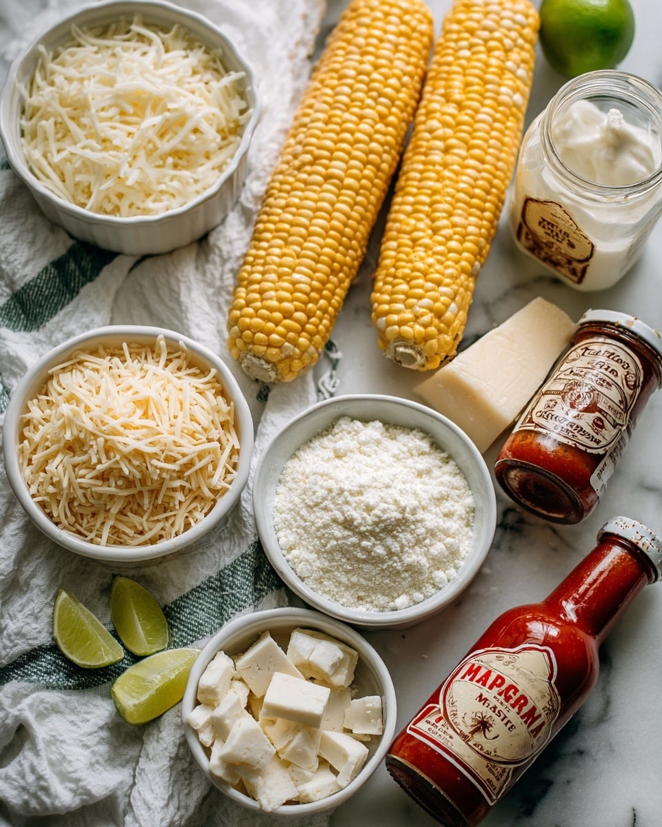 The image shows a white marble surface with several small white bowls and containers arranged neatly. One bowl contains light brown shredded cheese, another bowl holds white grated cheese, and a small bowl has a fine white powder. There are two whole ears of yellow corn placed on a white cloth with green stripes. A jar of white Crema Mexicana, a bottle of red Tapatio hot sauce, and a jar of reddish seasoning are also included. Some lime wedges and a few pieces of white crumbly cheese are placed around. The colors are natural and soft, showing a mix of white, yellow, and red tones. The photo is taken with an iphone --ar 4:5 --v 7