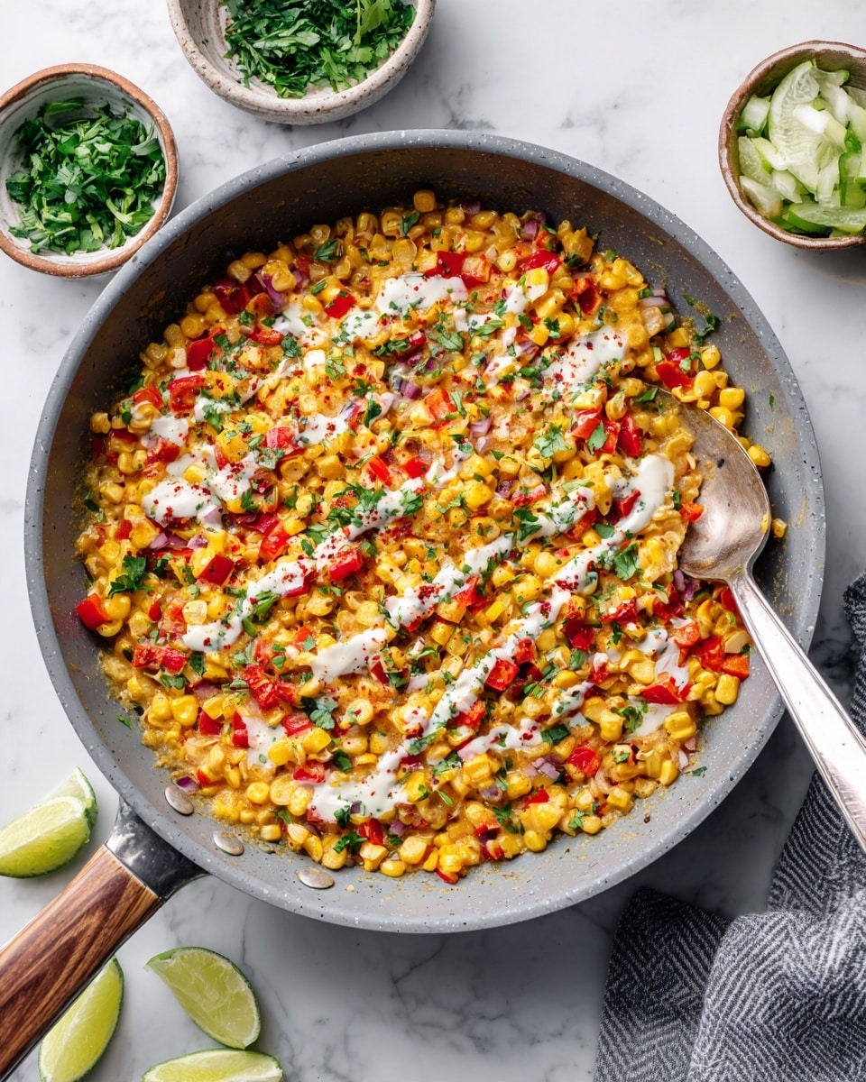 The image shows a gray pan filled with a colorful mix of corn, diced red peppers, green herbs, and white sauce drizzled on top. There is a metal spoon placed inside the pan on the right side. The background has a white marbled surface with small bowls holding green herbs, sliced onions, and lime wedges partially visible around the pan. photo taken with an iphone --ar 4:5 --v 7