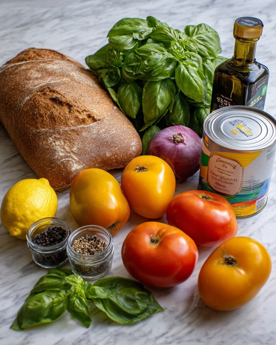 The image shows a group of fresh ingredients arranged on a white marbled surface. On the left side, there is a loaf of brown bread resting next to a bunch of bright green basil leaves and a yellow lemon. In the center are several tomatoes of different colors: red, orange, and yellow, along with a small purple onion placed near the top. To the right of the tomatoes, there is a white can of olives with a yellow label, and next to it, a dark green bottle of olive oil with a colorful label. In front of the can and bottle is a small jar of black pepper. The colors are bright and fresh, with the textures of the tomatoes smooth and shiny, the bread crusty, and the basil leaves soft and leafy. Photo taken with an iphone --ar 4:5 --v 7
