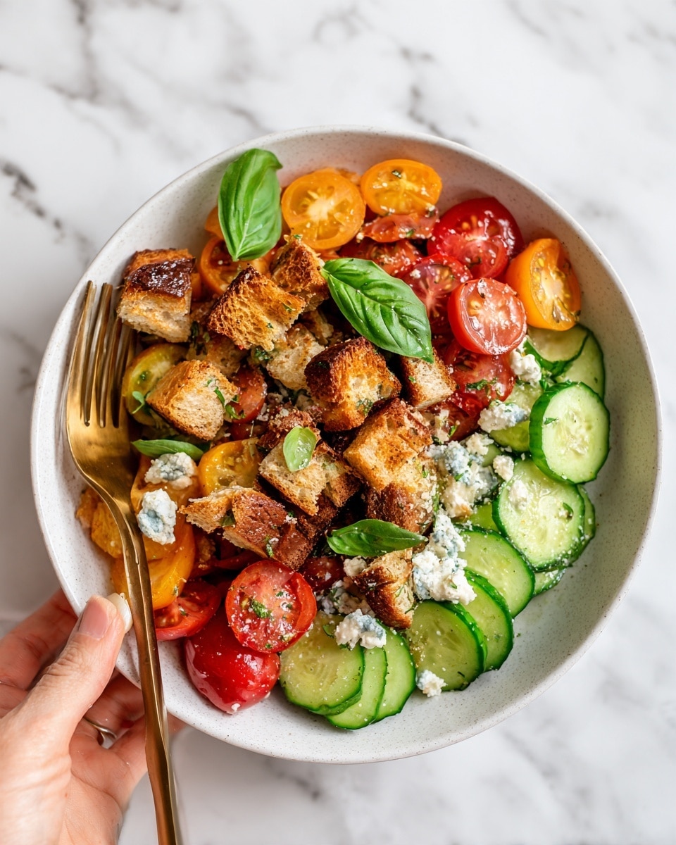 A white bowl filled with a colorful salad sits on a white marbled surface. The salad has three main layers: at the bottom are sliced green cucumber rounds, in the middle are halved red and orange cherry tomatoes, and on top are golden-brown toasted bread cubes with some crumbled white cheese scattered around. Bright green basil leaves add freshness. A woman's hand holds a gold fork resting inside the bowl. Photo taken with an iphone --ar 4:5 --v 7