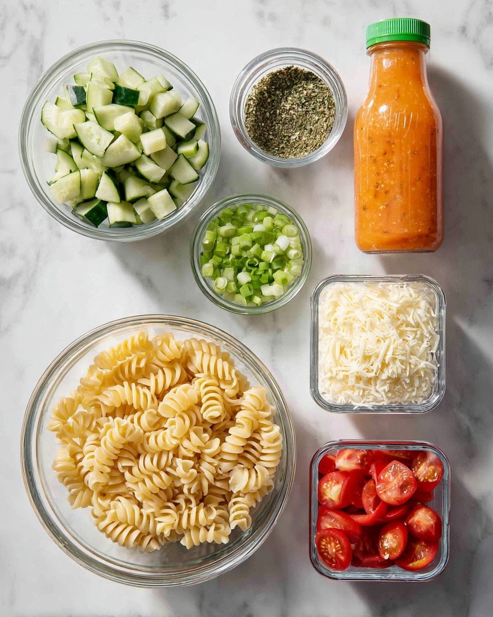 The image shows six clear glass bowls and a clear plastic container on a white marbled surface. The largest bowl at the bottom left holds uncooked, pale yellow spiral pasta. Above it to the left, a medium-large bowl contains chopped green cucumber with dark green skin. To the right of the cucumber bowl, a smaller bowl holds chopped green onions with white bases. Near the middle right, there is a small square clear plastic container filled with pale grated cheese. To the far right, another medium bowl contains chopped red tomatoes. At the top right, a bottle of Italian dressing stands upright with an orange liquid inside and a green cap. Near the cheese container at the bottom right, a tiny bowl holds a green dried herb mix. photo taken with an iphone --ar 4:5 --v 7