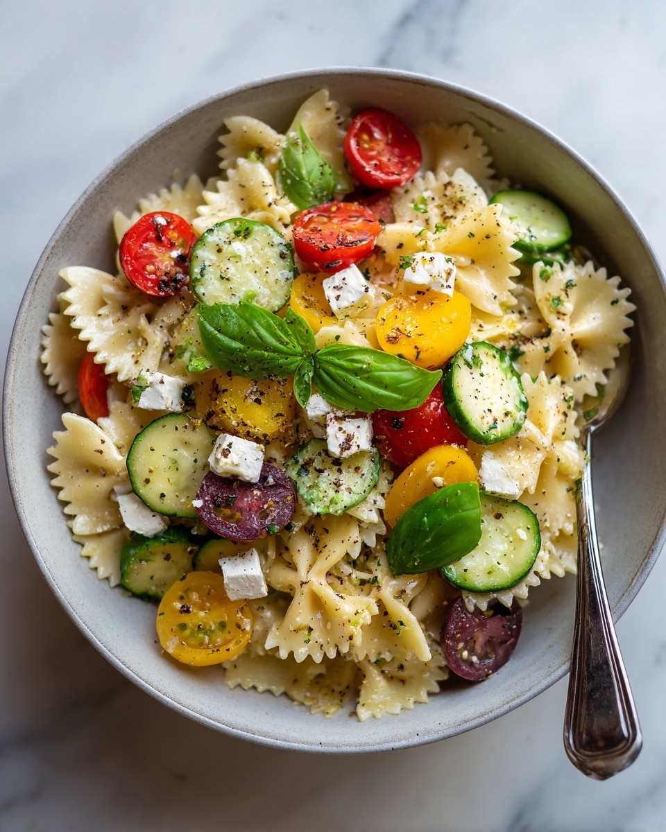 In a metal bowl on a white marbled surface, farfalle pasta forms the base with a light creamy texture and pale yellow color. Scattered on top are bright red cherry tomato halves, adding vibrant color and a juicy look. Thin green cucumber slices with darker green edges mix through the salad. Small white cubes of feta cheese are evenly spread, giving a soft yet firm texture. Dark purple olive pieces add depth and contrast. Fresh green basil leaves with a glossy surface sit on top as garnish. A spoon is partially visible on the right side, slightly mixing the salad. The dish is seasoned with black pepper flakes visible as fine dark spots. Photo taken with an iphone --ar 4:5 --v 7