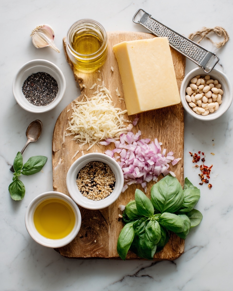 The image shows a wooden cutting board with ingredients for cooking, placed on a white marbled surface. On the board, there is a block of light yellow hard cheese next to a small pile of chopped onions with a pale pink shade. A few fresh green basil leaves lie beside the onions. Around the board, there are small white ceramic bowls filled with different ingredients: white beans, a golden liquid likely broth, a mix of black and brown seeds, light-colored garlic cloves, coarse white salt, and red chili flakes. There is also a small glass bottle with olive oil and a spoon on the board. A metal cheese grater rests against the cutting board. photo taken with an iphone --ar 4:5 --v 7