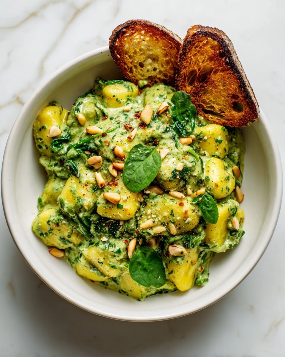 The image shows a white bowl filled with yellow-green gnocchi covered in a thick, creamy green pesto sauce. On top, there are small green spinach leaves and scattered pine nuts adding texture and contrast. Two slices of toasted bread sit on the edge of the bowl. The bowl is placed on a white marbled surface. The overall colors are warm yellows and greens with light golden brown from the bread. Photo taken with an iphone --ar 4:5 --v 7