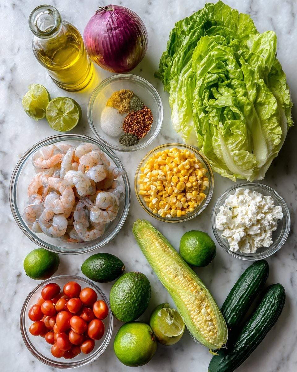 The image shows a collection of fresh ingredients on a white marbled surface, including a whole head of leafy green romaine lettuce on the right side. Next to it are small clear glass bowls filled with soft white cheese, sour cream, and yellow corn kernels. In the center are two more small clear bowls with a mix of spices, and a larger bowl filled with small red grape tomatoes. To the left side, there is a bowl filled with raw shrimp, a whole ripe avocado, a bright green lime, two dark green cucumbers, and one whole red onion. On the far left, a clear glass bottle with golden olive oil is placed. All ingredients are arranged neatly and brightly lit, showing natural colors and fresh textures. Photo taken with an iphone --ar 4:5 --v 7