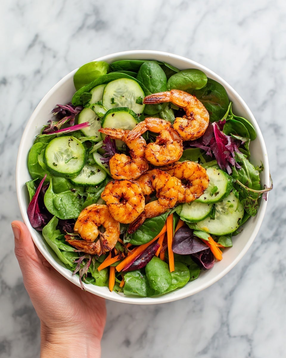 A white bowl filled with a fresh salad, layered with mixed green leaves including spinach and lettuce as the base. On top, there are several orange grilled shrimp arranged around the bowl, showing light grill marks. Bright slices of cucumber and orange carrot sticks are scattered throughout the salad adding pops of color and crunch. The salad also has some small green and purple leaves mixed in, giving it a fresh and colorful look. The whole dish is on a white marbled surface, and a woman's hand is seen holding the bowl from the side. Photo taken with an iphone --ar 4:5 --v 7