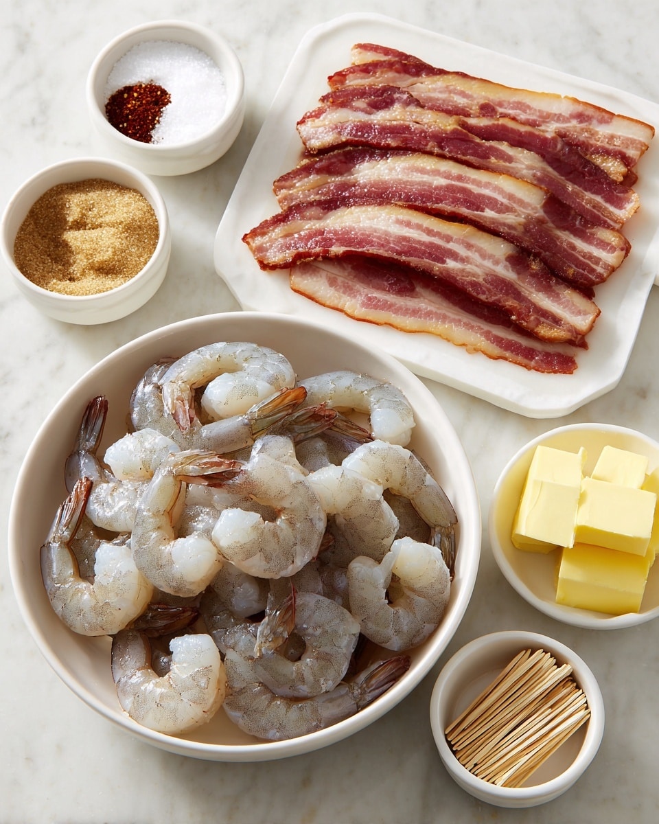 A white bowl filled with raw shrimp showing translucent gray and white colors with tails on, placed on a white marbled surface; next to it is a white tray with thin layers of raw bacon arranged neatly, displaying red meat and white fat streaks; above the shrimp bowl are two small white bowls, one containing brown sugar and the other divided into sections holding salt, black pepper, and red paprika; below these bowls is a small white bowl with several rectangular yellow butter pieces; a small container filled with wooden toothpicks is placed near the butter; the entire setting is on a white marbled surface, photo taken with an iphone --ar 4:5 --v 7