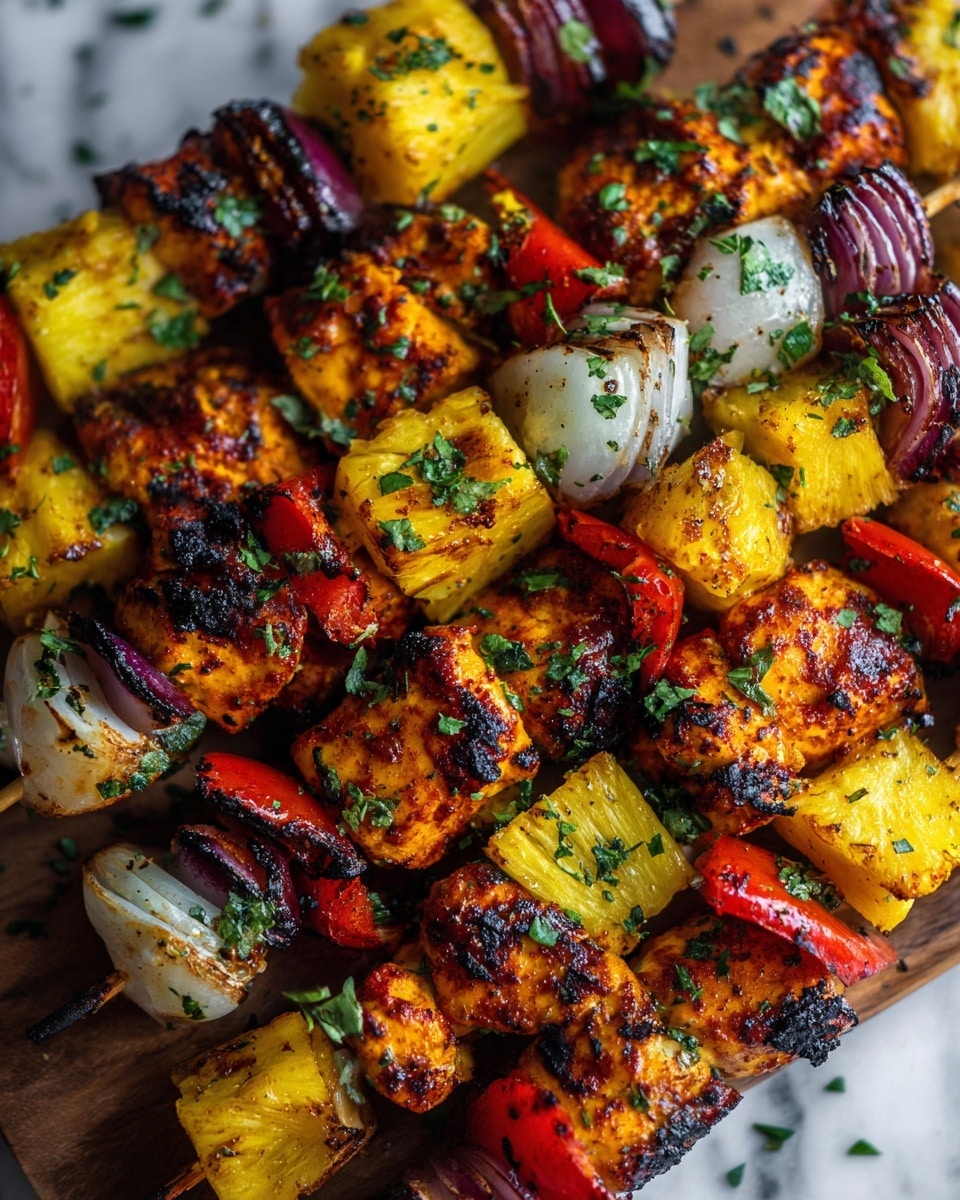 The image shows several skewers full of grilled food stacked close together on a wooden surface. Each skewer has multiple layers: bright yellow grilled pineapple chunks, orange-marinated grilled chicken pieces, red bell pepper slices, and white onion chunks. The char marks on the food add a dark brown touch, and small green herb leaves are sprinkled on top for color. The overall look is warm with shiny, juicy textures contrasting the slightly burnt edges. The background is blurred with a white marbled surface visible. photo taken with an iphone --ar 4:5 --v 7