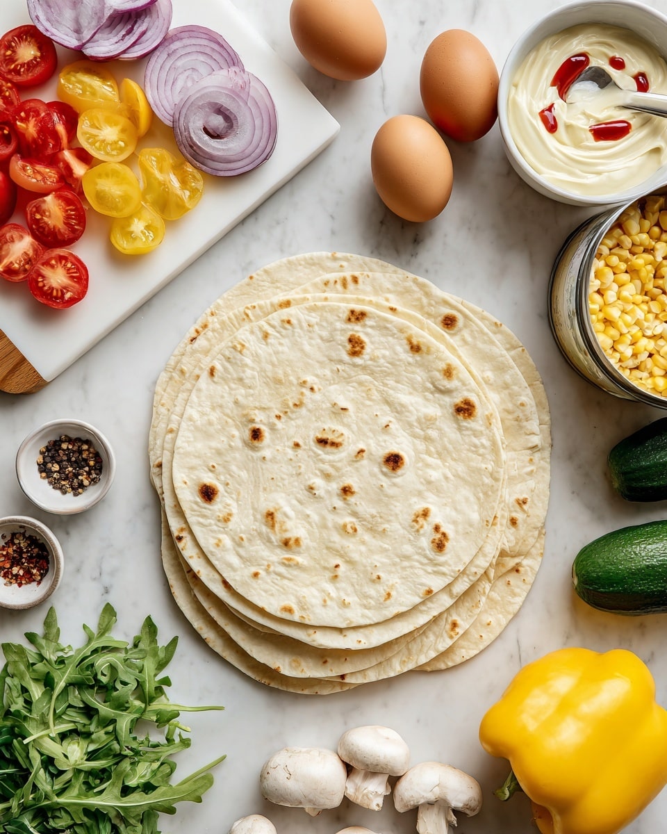 The image shows a top view of four soft, round tortillas stacked slightly over each other in the center on a white marbled surface. To the left, there is a white cutting board with halved red and yellow cherry tomatoes and slices of red onion. Above the tortillas, there are three brown eggs and a small white bowl with a spoon inside, holding a creamy sauce topped with a few drops of red sauce. To the right of the tortillas is an open can of yellow corn next to a bunch of fresh green arugula. Below them, a fresh yellow bell pepper sits beside several white button mushrooms and a halved cucumber. Near the top left, a small white plate holds small piles of black pepper and chili flakes. The photo taken with an iphone --ar 4:5 --v 7