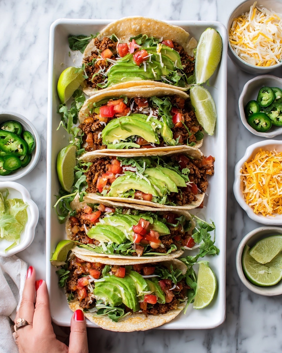 The image shows six tacos arranged on a white rectangular tray set on a white marbled surface. Each taco has a soft tortilla filled with cooked meat, topped with green avocado slices, red diced tomatoes, and fresh green leaves. Around the tray, there are small white dishes with shredded cheese, sliced jalapeños, and lime wedges. A woman's hand with red nail polish is reaching toward the tray from the left side. The overall look is colorful and fresh. photo taken with an iphone --ar 4:5 --v 7