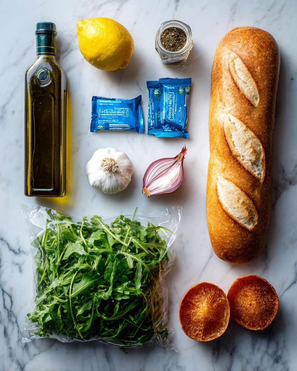 The image shows several ingredients laid out on a white marbled surface. On the right side, there is a single long loaf of bread with a golden crust and a white slash on top. Near the center bottom, there is a clear bag filled with fresh, leafy green arugula. Above the arugula, two small blue packets of dressing or cheese are placed side by side. On the top left corner, a tall dark green bottle of olive oil stands upright next to a bright yellow lemon. In the middle, a small jar of seasoning is placed beside a white garlic bulb and a glossy red onion. To the right of the onion, there are two halves of a sliced reddish-orange fruit or vegetable with a textured interior. The overall layout is neat and evenly spaced. Photo taken with an iphone --ar 4:5 --v 7