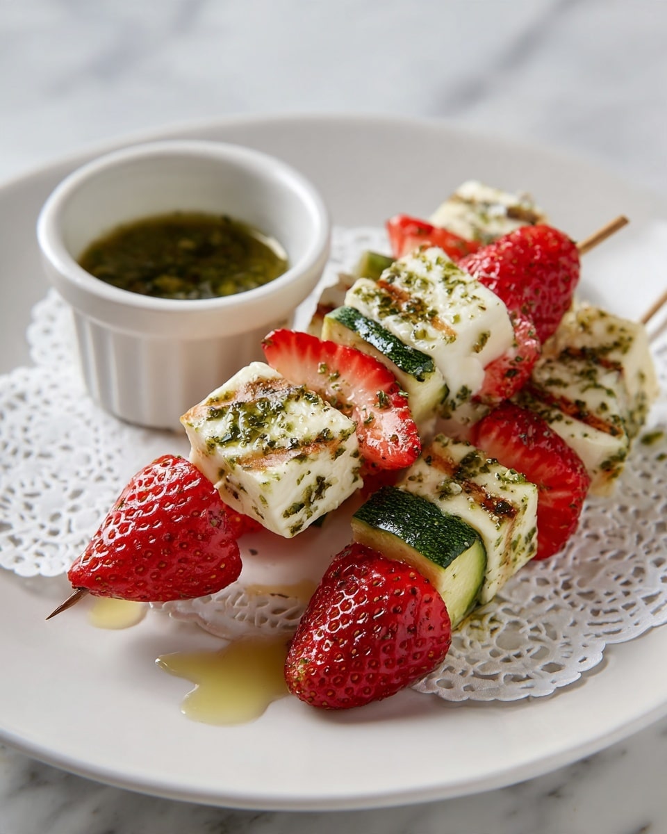 The image shows two skewers on a white plate with a delicate lace paper doily underneath. Each skewer has bright red strawberries, white grilled cheese cubes with green herb specks, and green zucchini pieces, arranged alternately. The cheese has slight grill marks and looks juicy, while the strawberries appear fresh and shiny. To the side of the skewers, there is a small white bowl filled with green herb oil or sauce. The plate rests on a white marbled surface, with some of the sauce or oil pooling around the skewers, adding a fresh and colorful touch. The photo taken with an iphone --ar 4:5 --v 7