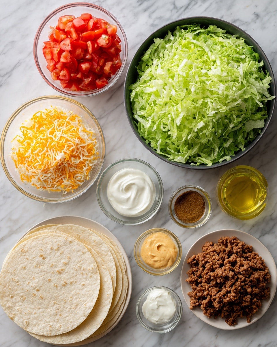 The image shows a flat lay of taco ingredients arranged on a white marbled surface. There are seven visible containers: a large dark bowl filled with finely shredded green lettuce at the center, a small white bowl with shredded yellow and orange cheese below and to the right, a small glass bowl with bright red chopped tomatoes above the cheese, a small glass bowl with a yellow-orange creamy sauce above the tomatoes, a small white bowl with sour cream above the lettuce, a small white bowl of brown taco seasoning below the lettuce, and a small glass container with golden olive oil to the right of the cheese. At the bottom left, there are several soft taco tortillas stacked together, and a light beige plate holding raw ground beef is placed at the bottom right. The whole setting is on a white marbled surface. Photo taken with an iphone --ar 4:5 --v 7