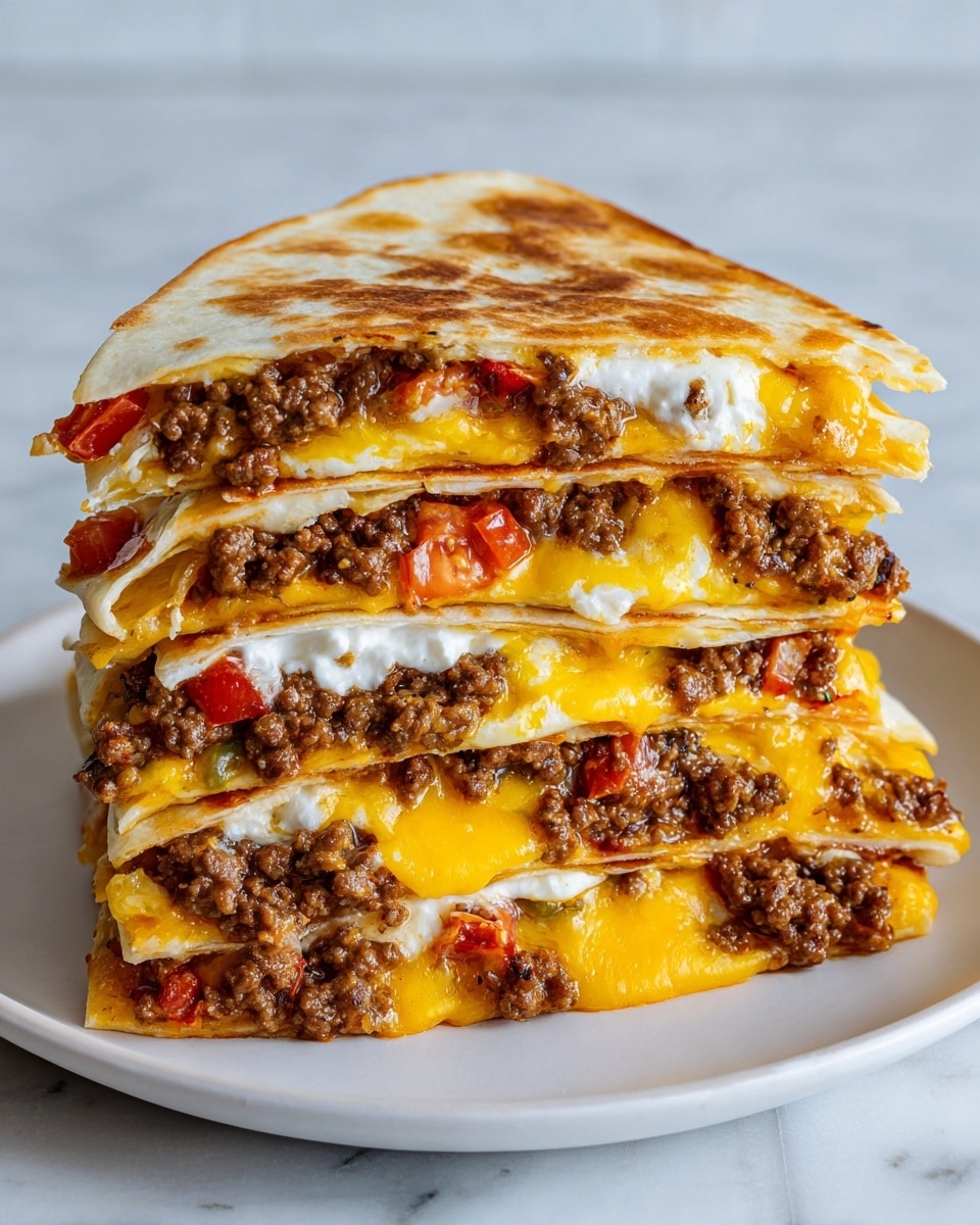 The image shows a stack of three quesadillas cut into triangles, placed on a white plate on a white marbled surface. Each quesadilla has several visible layers: the outermost golden-brown tortilla with slight crispiness, followed by melted yellow cheese that is soft and stretchy, then a layer of brown cooked ground meat with a crumbly texture, a mix of white sour cream or sauce, and small chunks of red tomato, adding color and freshness. The layers are thick and clearly stacked, showing a hearty and rich filling. Photo taken with an iphone --ar 4:5 --v 7