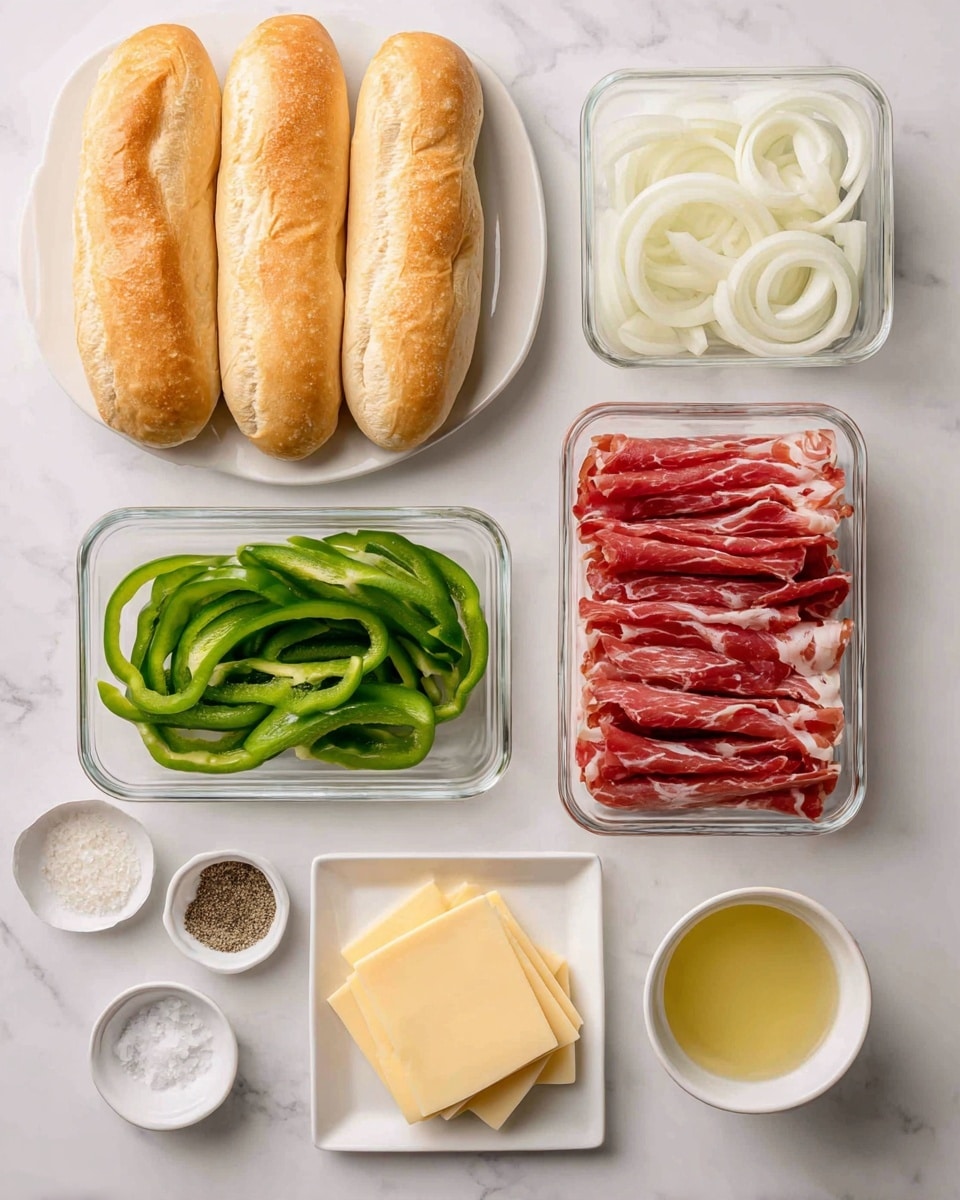 The image shows a top view of several ingredients neatly arranged on a white marbled surface. On the top left, there is a white plate holding five long, soft, lightly browned sandwich rolls stacked side by side. To the right, in a clear rectangular glass container, are thinly sliced white onions. Below the rolls, on the left, another clear rectangular glass container holds bright green sliced bell peppers. Next to it, on the right, is a similar glass container filled with thinly sliced raw red meat with white marbling. Below these containers, in the center, there is a small white square plate with several round slices of yellow cheese stacked. To the left of this plate are two small round bowls, one with coarse salt and the other with ground black pepper. Finally, to the right of the cheese plate is a small white bowl with a light yellow liquid inside, likely oil or melted butter. The overall layout is clean and organized for a cooking prep scene photo taken with an iphone --ar 4:5 --v 7