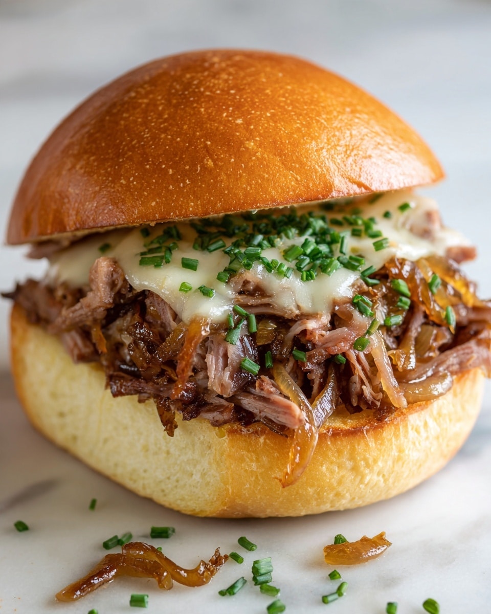 A sandwich with a soft toasted bun at the bottom layer, light golden brown in color with a slight crisp texture. On top is a thick layer of cooked meat with darker brown grilled spots, mixed with caramelized onions that are deep golden brown and slightly crispy. Bright green chopped chives are sprinkled evenly over the meat and onions. Some caramelized onions and chives have spilled out onto a white marbled surface below the sandwich. photo taken with an iphone --ar 4:5 --v 7