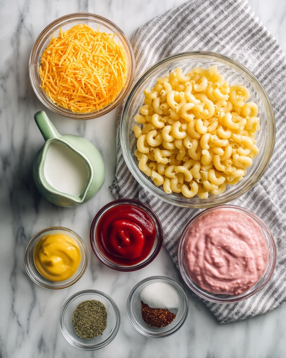 The image shows six glass bowls and a small green pitcher arranged on a white marbled surface with a gray striped cloth under some bowls. The largest bowl contains a pink mixture with a soft texture on the bottom right. Above it to the right is a medium bowl filled with dry elbow macaroni, yellow and smooth. To the left of the macaroni bowl is another medium glass bowl with bright orange shredded cheese. Below these, at the middle bottom, is a small bowl holding red ketchup and yellow mustard sauces side by side. In the center, a small glass bowl contains five different spices in small separate piles, including green, black, red, and off-white powders. On the left side near the bottom is a small green pitcher with a white liquid inside. Photo taken with an iphone --ar 4:5 --v 7