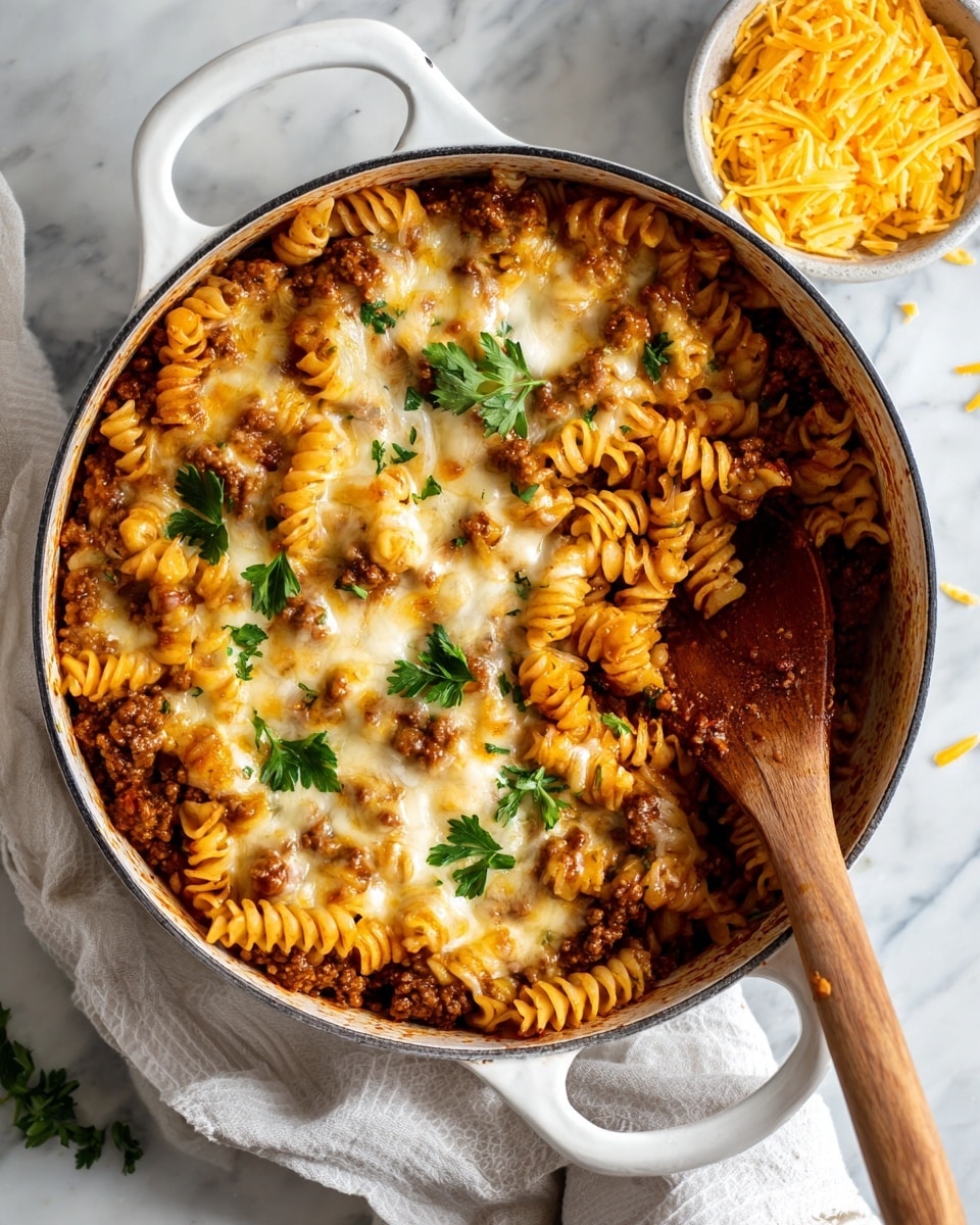 The image shows a close-up top view of a white pot filled with layers of baked pasta. The bottom layer has a rich brown sauce with small pieces of cooked ground meat. Above it, there are spiral pasta pieces covered in melted golden and slightly browned cheese that looks creamy and stretchy. Green parsley leaves are scattered on top, adding a bright contrast. A wooden spoon with some sauce and pasta stuck to it is stirring the dish from the right side. The pot is placed on a white marbled surface with a white cloth underneath it. Near the pot, a small bowl filled with shredded yellow cheese is partly visible. Photo taken with an iphone --ar 4:5 --v 7