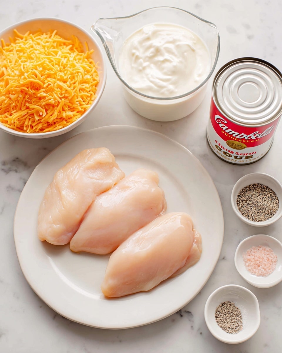 A white plate holds three pieces of raw pale pink chicken with smooth texture, placed side by side. Above the plate, there is a white bowl filled with thick white cream. To the left, there is an orange bowl filled with shredded cheddar cheese in bright orange shades, showing a soft and slightly rough texture. To the right of the cream bowl, a clear glass measuring cup filled with white milk stands next to a red and white can of Campbell’s Cream of Chicken soup. Below these, two small white bowls hold fine seasoning, one with a mix of black and white granules and the other with light pink salt. All items rest on a white marbled surface. photo taken with an iphone --ar 4:5 --v 7