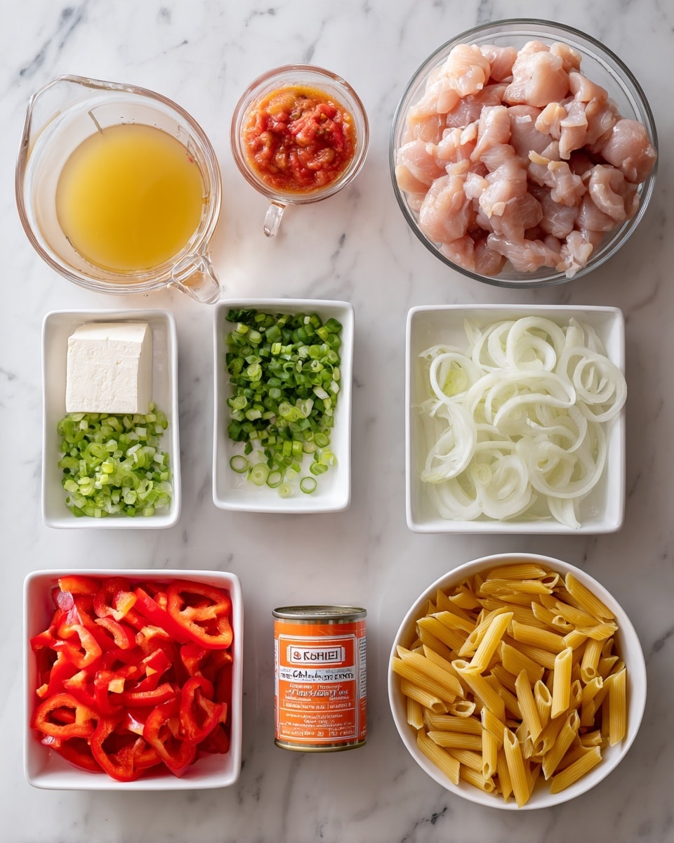 The image shows nine white dishes arranged neatly on a white marbled surface. In the top right is a glass bowl filled with raw, cubed chicken pieces in pale pink. Next to it on the left is a clear glass measuring cup holding golden yellow broth. Below the broth cup is a small rectangular dish with white cream cheese and beside it, a similar dish filled with bright green chopped scallions. To the right, there is a square dish piled with thinly sliced white onion rings. In the center next to the onions is an orange canister of Cajun seasoning with white and red text. Below, there is a round white bowl filled with uncooked yellow penne pasta. To the right of the pasta is a square bowl packed with thinly sliced, vibrant red bell peppers. At the bottom left, next to the pasta, is another square dish holding chunky red diced tomatoes in liquid. All the dishes sit clean and organized on the marble surface. Photo taken with an iphone --ar 4:5 --v 7