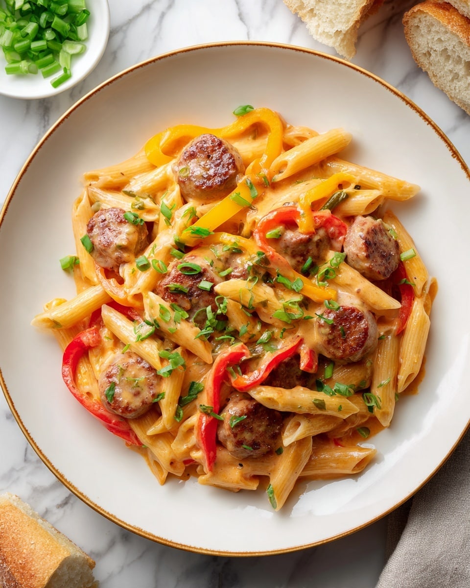 A white plate with a golden brown rim holds a dish of creamy pasta. There are penne pasta pieces coated in rich, light orange cheese sauce forming the base layer. Mixed in are round, browned sausage slices scattered evenly around the pasta. Thin slices of red and yellow bell peppers add bright pops of color layered on top. The dish is finished with chopped green onions sprinkled over everything. The plate sits on a white marbled surface, with some bread pieces and a small bowl of green onions slightly visible in the background. photo taken with an iphone --ar 4:5 --v 7