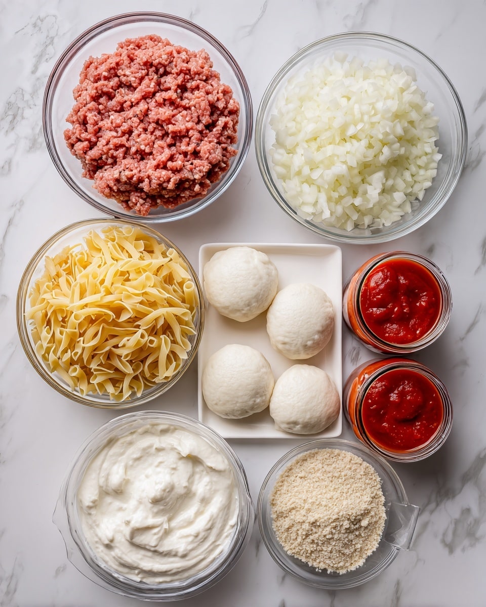 The image shows seven clear glass bowls and one white square plate arranged neatly on a white marbled surface. In the top left bowl, there is a layer of raw ground meat with a pinkish-red color and a soft texture. Next to it on the right is a bowl filled with finely chopped white onions, showing a slightly translucent appearance. On the white square plate, there are several round white dough pieces stacked evenly. Below the meat bowl is a large bowl containing uncooked yellow pasta with a tubular shape, piled loosely inside. To the right of the pasta, a bowl is filled with shredded white cheese, fluffy in texture. Below the cheese is a bowl with thick, white cream, smooth on top with some slight texture. On the far right, two small jars filled with bright red tomato sauce sit side by side, opened to reveal the sauce inside. Between the jars and the shredded cheese is a small bowl with a light-colored grainy ingredient, likely grated cheese or breadcrumbs. Photo taken with an iphone --ar 4:5 --v 7