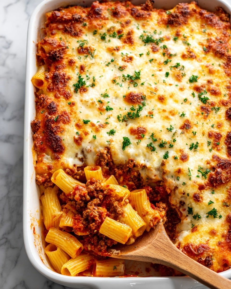 The image shows a white rectangular baking dish filled with baked pasta. The top layer is a golden-brown melted cheese with small browned spots and sprinkled green parsley leaves scattered across. Beneath the cheese, there is a thick layer of chunky red tomato sauce mixed with ground meat. The bottom layer consists of pale yellow, tube-shaped pasta, coated in the sauce and cooked to softness. A wooden spoon is scooping a portion from the bottom right corner, revealing all the layers clearly. The dish sits on a white marbled surface. Photo taken with an iphone --ar 4:5 --v 7