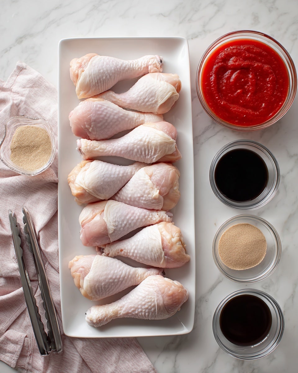 The image shows a white rectangular plate on a white marbled surface with eight raw chicken drumsticks arranged neatly in two rows. To the right, there are seven clear glass bowls of different sizes with various ingredients: a large bowl filled with bright red tomato sauce, two small bowls with dark liquid sauces, one small bowl with a light beige liquid, a very small bowl with brown powdered spice, another clear bowl filled with light brown brown sugar, and a medium bowl with a black thick sauce. At the bottom left corner, metal tongs rest over a soft white and pink towel. The photo taken with an iphone --ar 4:5 --v 7