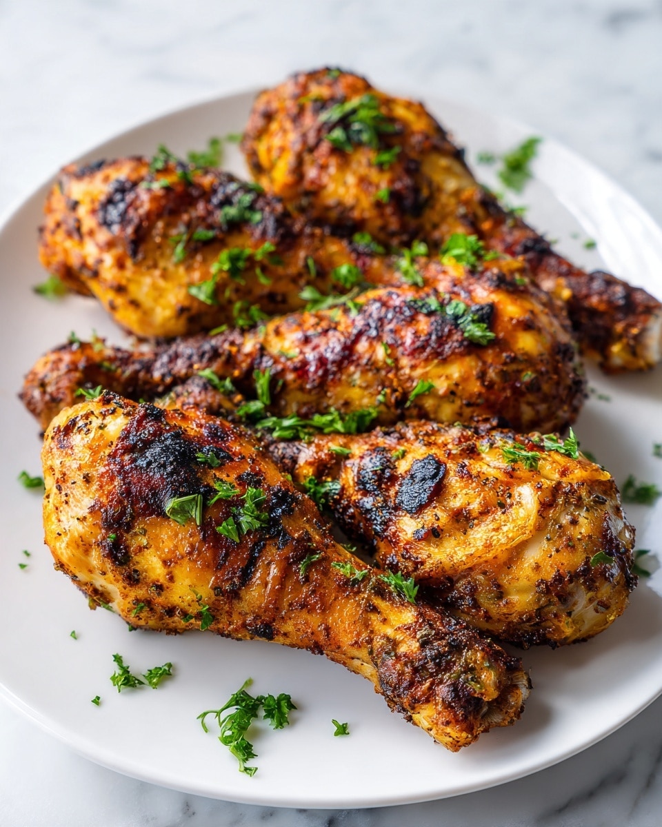 The image shows five grilled chicken drumsticks arranged closely on a white plate. Each drumstick has a golden-brown color with crispy, charred spots and a coarse seasoning crust. Small green parsley leaves are sprinkled on top, adding a fresh touch. The white plate contrasts with the rich colors of the chicken and sits on a white marbled textured surface. Photo taken with an iphone --ar 4:5 --v 7