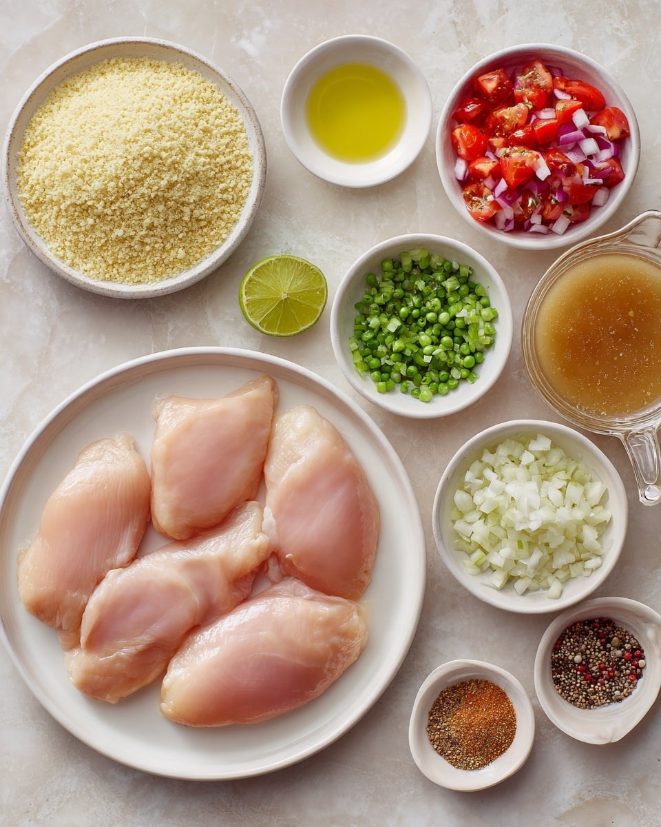 The image shows a white plate at the bottom left with five raw chicken pieces that are pink and smooth. Above and around the plate, there are small white bowls placed on a white marbled surface. In the center is a bowl filled with light yellow breadcrumbs. To the left, there is a bowl with finely chopped white onions, another with oil that looks bright yellow, and a small bowl with minced garlic. At the top middle, a small bowl holds chopped red tomatoes, and next to it is a halved lime showing its green inside. To the right of this, a bowl contains green chopped scallions. Below it, a bowl holds green peas. Nearby, another small bowl has a mix of spices in shades of brown, red, white, and black. To the far right, there is a clear glass jug filled with light brown broth. The overall arrangement is neat, colorful, and clear, on the white marbled surface. photo taken with an iphone --ar 4:5 --v 7